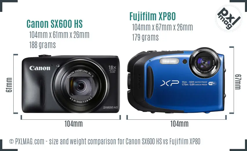Canon SX600 HS vs Fujifilm XP80 size comparison