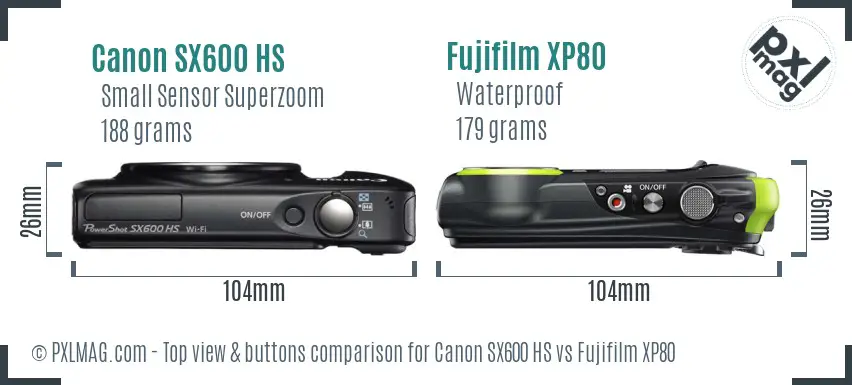 Canon SX600 HS vs Fujifilm XP80 top view buttons comparison
