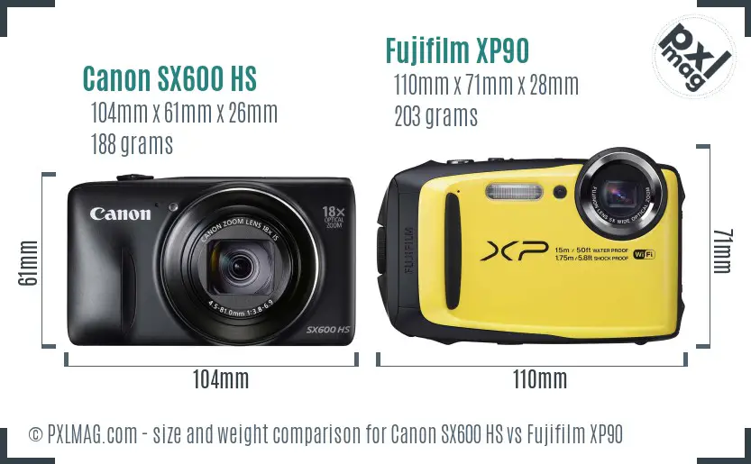 Canon SX600 HS vs Fujifilm XP90 size comparison