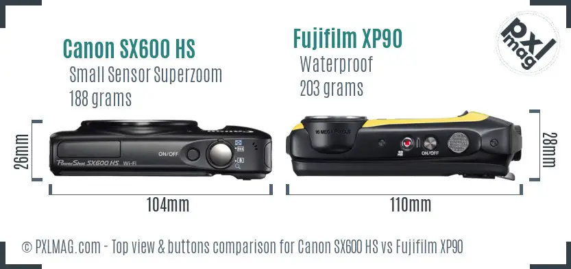 Canon SX600 HS vs Fujifilm XP90 top view buttons comparison