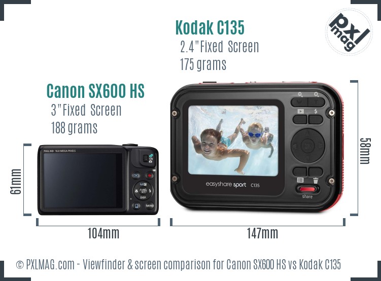 Canon SX600 HS vs Kodak C135 Screen and Viewfinder comparison