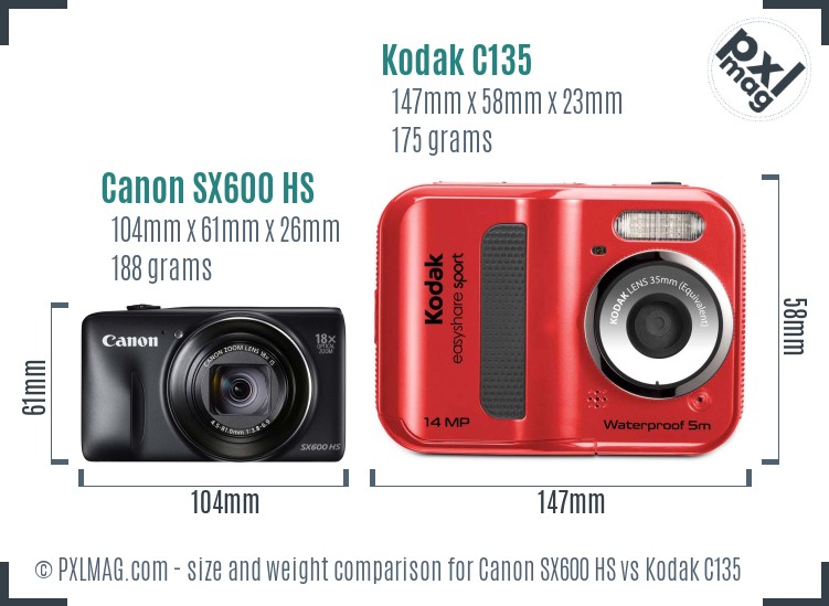 Canon SX600 HS vs Kodak C135 size comparison
