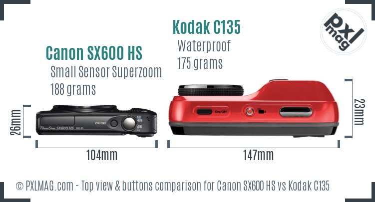 Canon SX600 HS vs Kodak C135 top view buttons comparison
