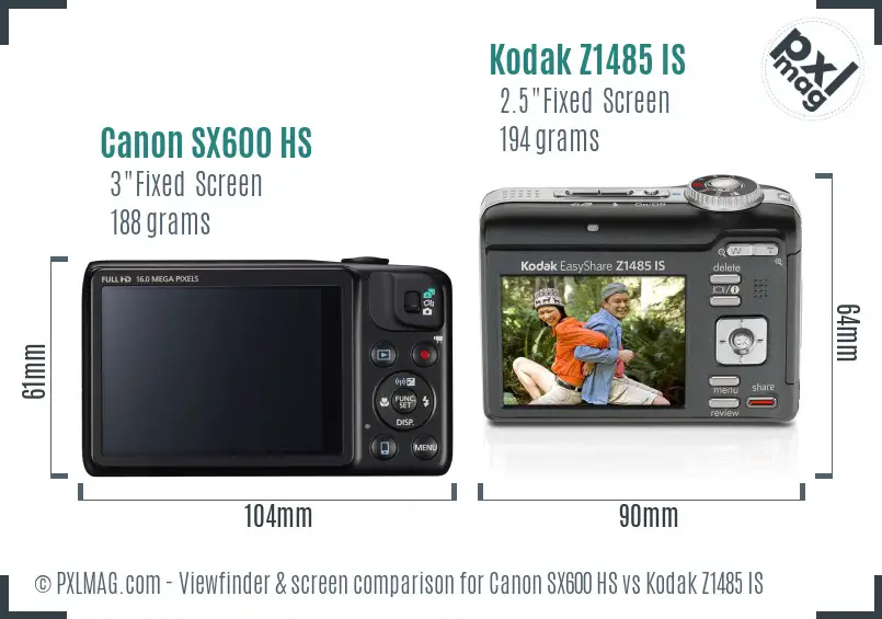 Canon SX600 HS vs Kodak Z1485 IS Screen and Viewfinder comparison