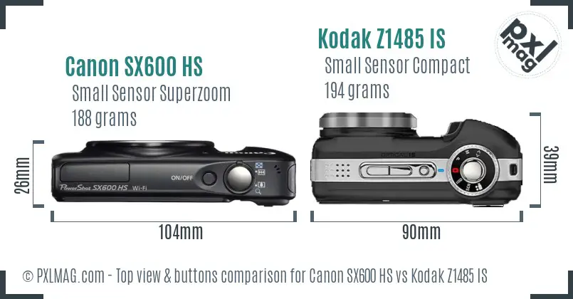 Canon SX600 HS vs Kodak Z1485 IS top view buttons comparison