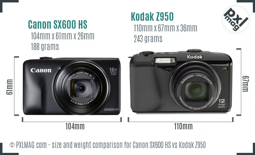 Canon SX600 HS vs Kodak Z950 size comparison