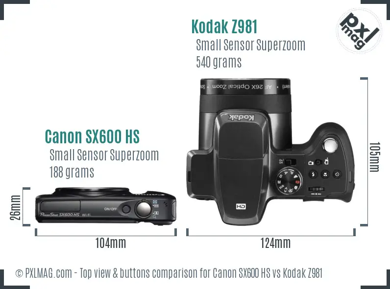 Canon SX600 HS vs Kodak Z981 top view buttons comparison