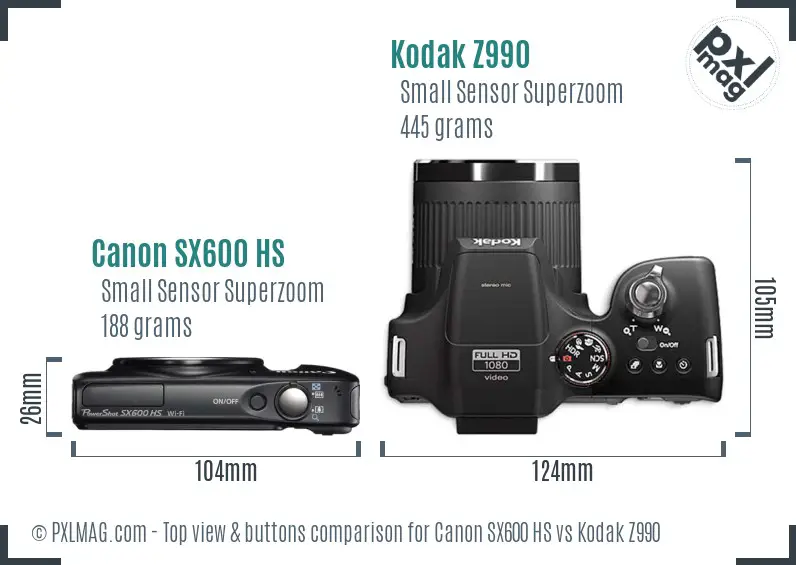 Canon SX600 HS vs Kodak Z990 top view buttons comparison