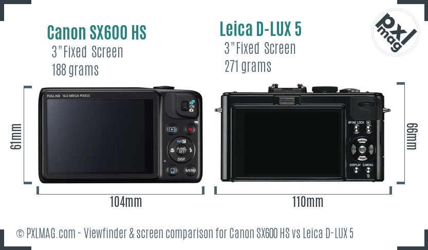 Canon SX600 HS vs Leica D-LUX 5 Screen and Viewfinder comparison