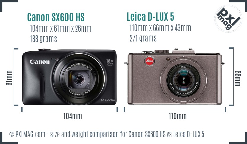 Canon SX600 HS vs Leica D-LUX 5 size comparison