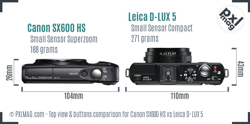 Canon SX600 HS vs Leica D-LUX 5 top view buttons comparison