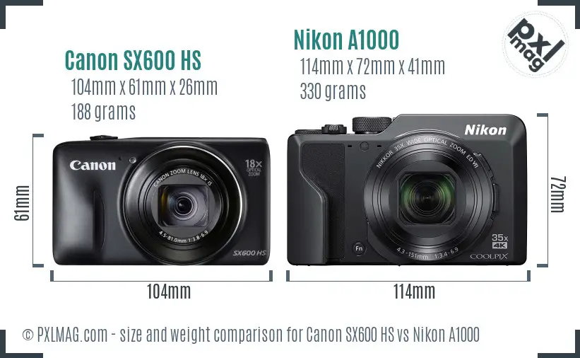 Canon SX600 HS vs Nikon A1000 size comparison