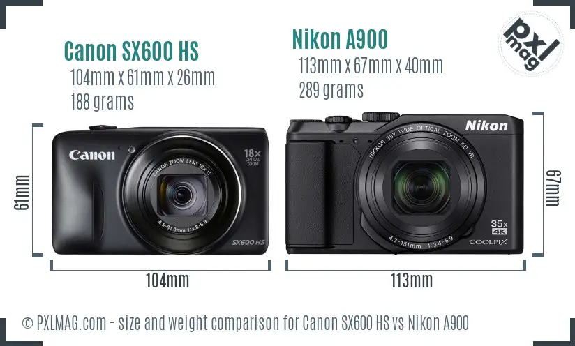 Canon SX600 HS vs Nikon A900 size comparison