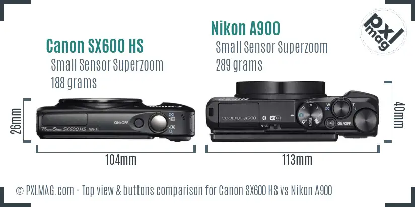 Canon SX600 HS vs Nikon A900 top view buttons comparison