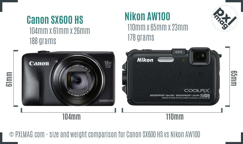 Canon SX600 HS vs Nikon AW100 size comparison