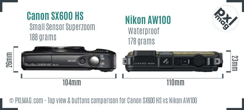 Canon SX600 HS vs Nikon AW100 top view buttons comparison
