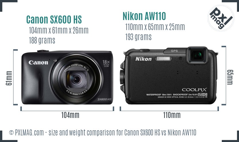 Canon SX600 HS vs Nikon AW110 size comparison Canon SX600 HS vs Nikon AW110 size comparison