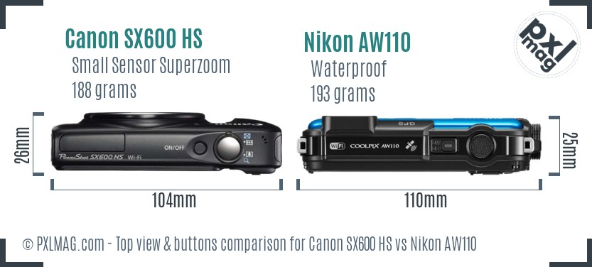 Canon SX600 HS vs Nikon AW110 top view buttons comparison