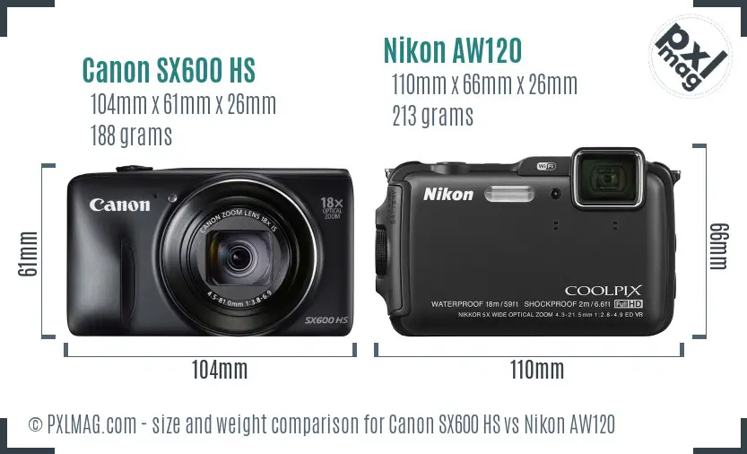 Canon SX600 HS vs Nikon AW120 size comparison