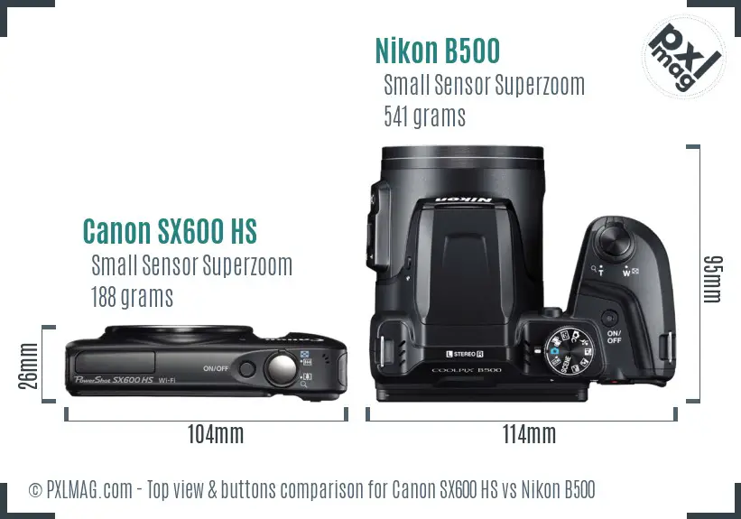Canon SX600 HS vs Nikon B500 top view buttons comparison