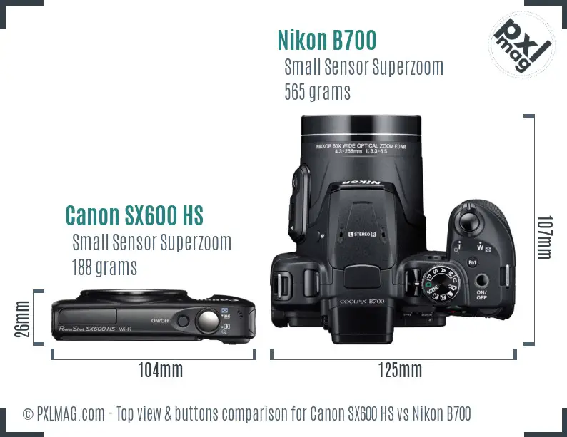 Canon SX600 HS vs Nikon B700 top view buttons comparison Canon SX600 HS vs Nikon B700 top view buttons comparison