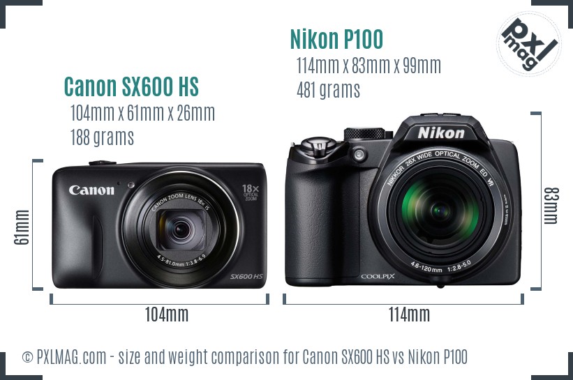 Canon SX600 HS vs Nikon P100 size comparison
