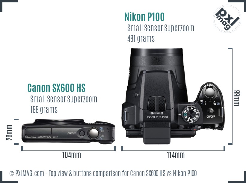 Canon SX600 HS vs Nikon P100 top view buttons comparison