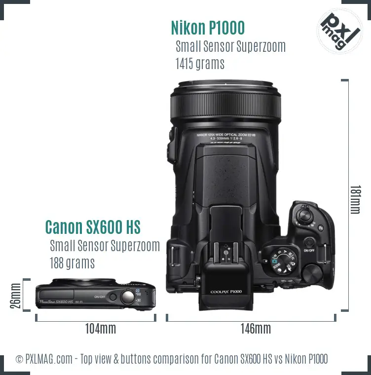 Canon SX600 HS vs Nikon P1000 top view buttons comparison Canon SX600 HS vs Nikon P1000 top view buttons comparison