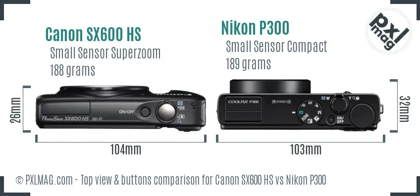 Canon SX600 HS vs Nikon P300 top view buttons comparison Canon SX600 HS vs Nikon P300 top view buttons comparison