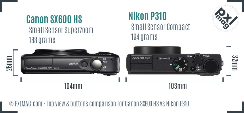 Canon SX600 HS vs Nikon P310 top view buttons comparison