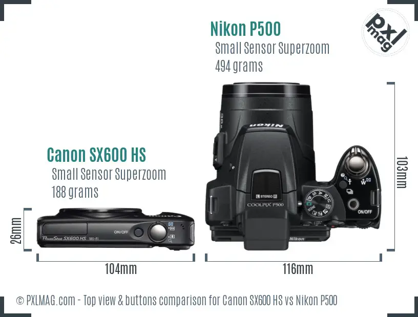 Canon SX600 HS vs Nikon P500 top view buttons comparison