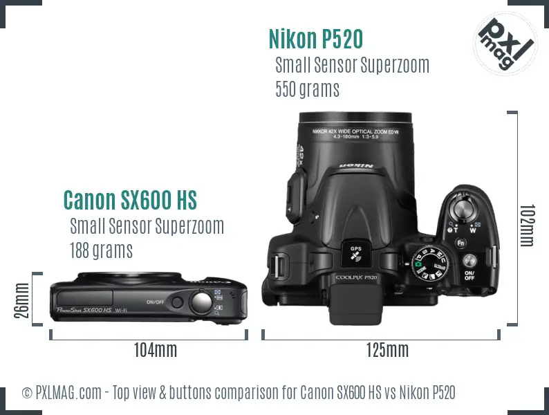 Canon SX600 HS vs Nikon P520 top view buttons comparison Canon SX600 HS vs Nikon P520 top view buttons comparison