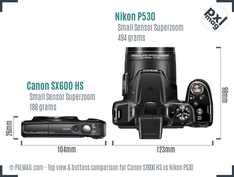 Canon SX600 HS vs Nikon P530 top view buttons comparison