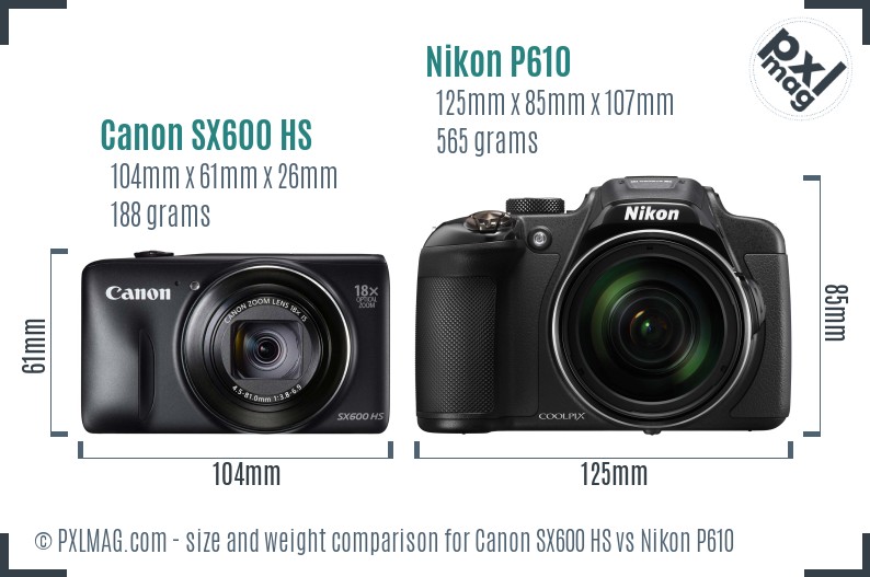 Canon SX600 HS vs Nikon P610 size comparison