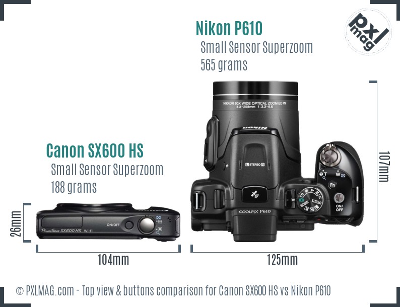 Canon SX600 HS vs Nikon P610 top view buttons comparison