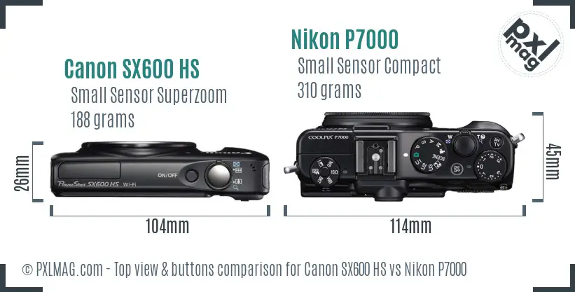 Canon SX600 HS vs Nikon P7000 top view buttons comparison