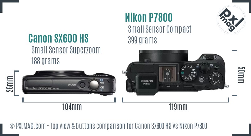 Canon SX600 HS vs Nikon P7800 top view buttons comparison