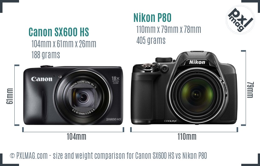 Canon SX600 HS vs Nikon P80 size comparison