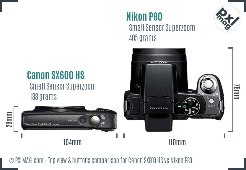 Canon SX600 HS vs Nikon P80 top view buttons comparison