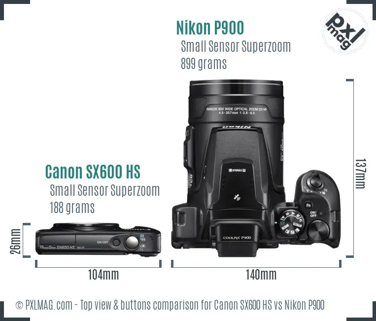 Canon SX600 HS vs Nikon P900 top view buttons comparison
