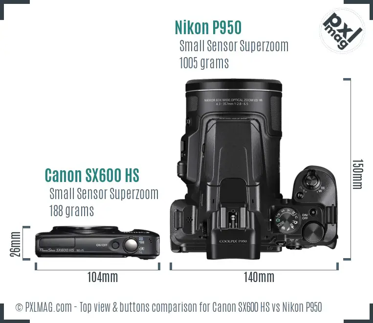 Canon SX600 HS vs Nikon P950 top view buttons comparison