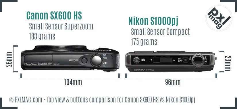 Canon SX600 HS vs Nikon S1000pj top view buttons comparison Canon SX600 HS vs Nikon S1000pj top view buttons comparison