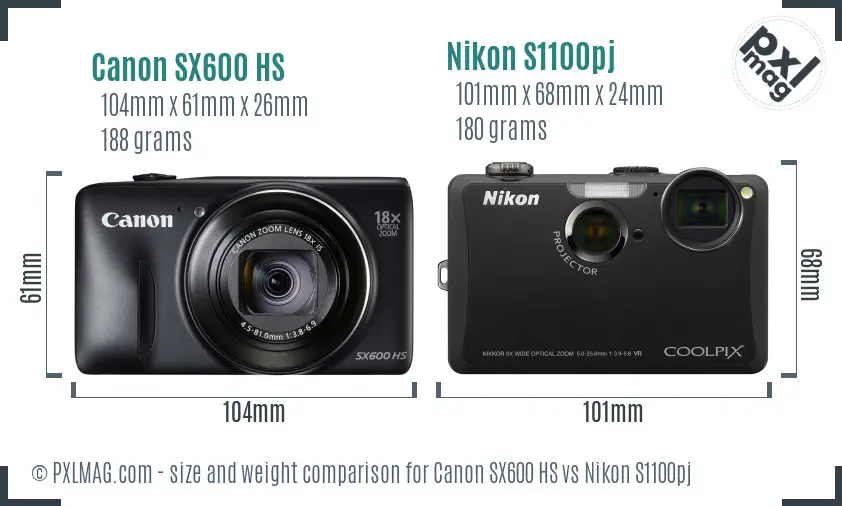Canon SX600 HS vs Nikon S1100pj size comparison