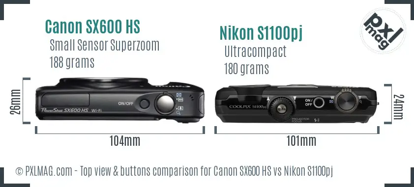 Canon SX600 HS vs Nikon S1100pj top view buttons comparison