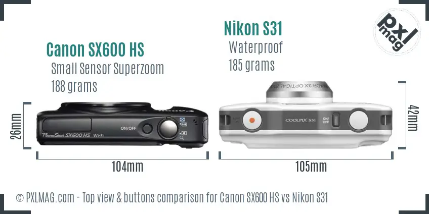 Canon SX600 HS vs Nikon S31 top view buttons comparison