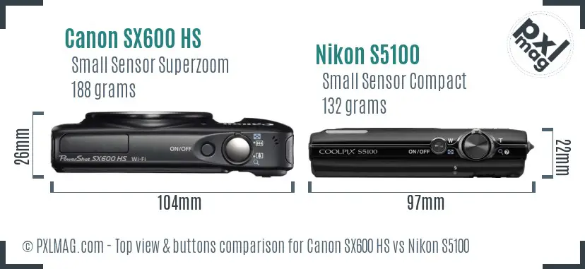 Canon SX600 HS vs Nikon S5100 top view buttons comparison