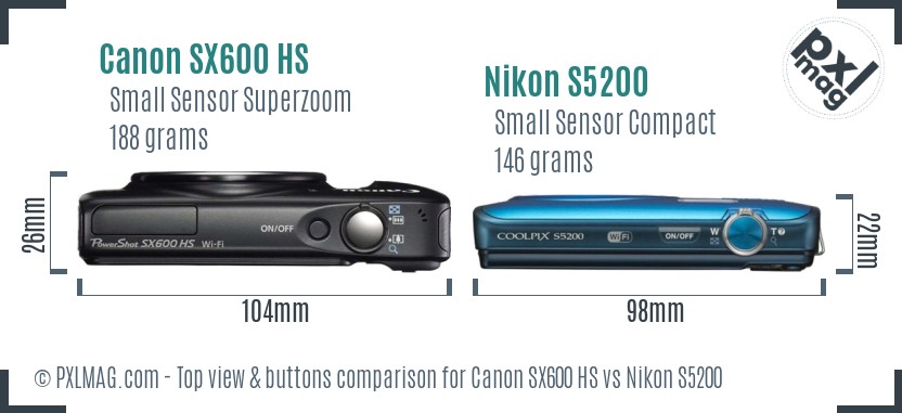 Canon SX600 HS vs Nikon S5200 top view buttons comparison