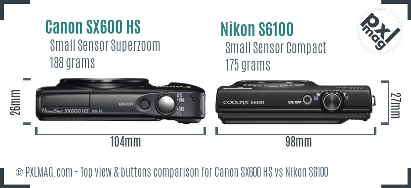Canon SX600 HS vs Nikon S6100 top view buttons comparison