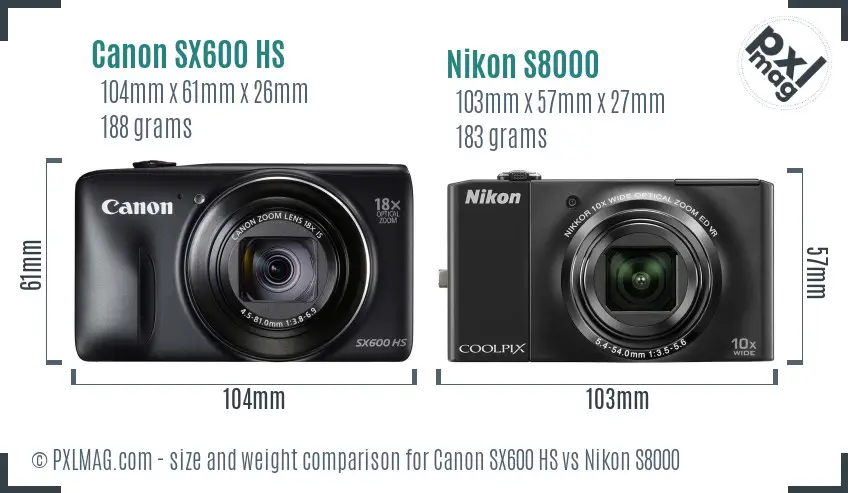 Canon SX600 HS vs Nikon S8000 size comparison