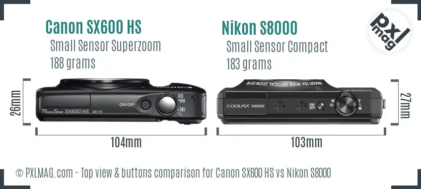 Canon SX600 HS vs Nikon S8000 top view buttons comparison